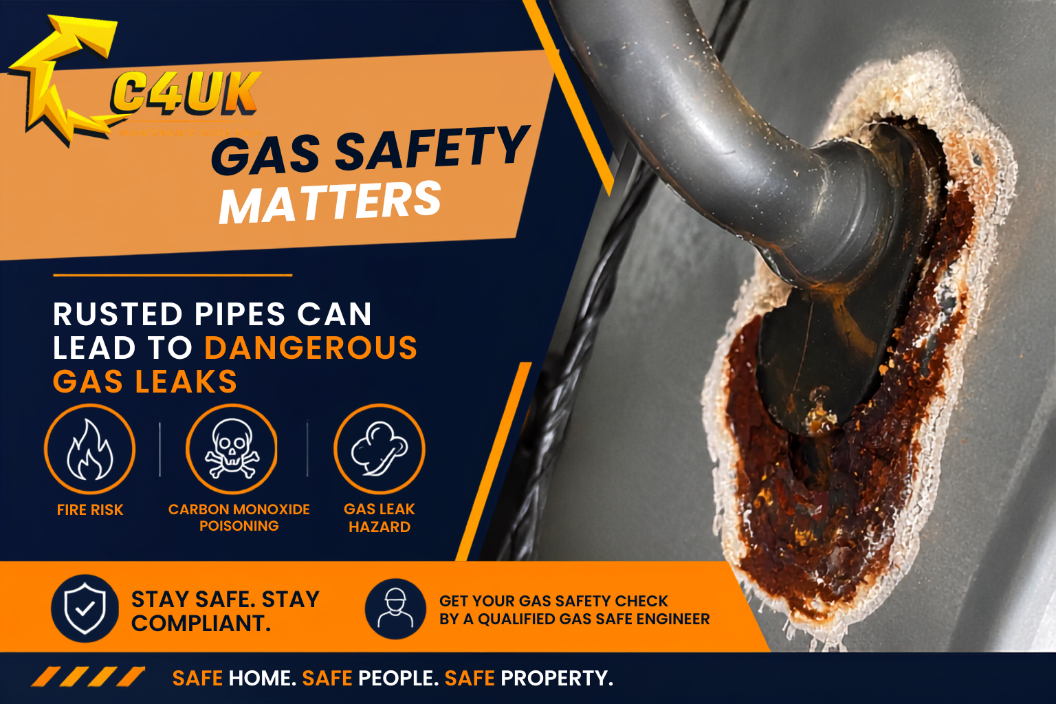 Rusted Gas Pipe Warning Gas Safety Inspectionpng | Certificates4UK Rusted gas pipe showing severe corrosion during a Gas Safety inspection by a Gas Safe engineer in Surrey.
