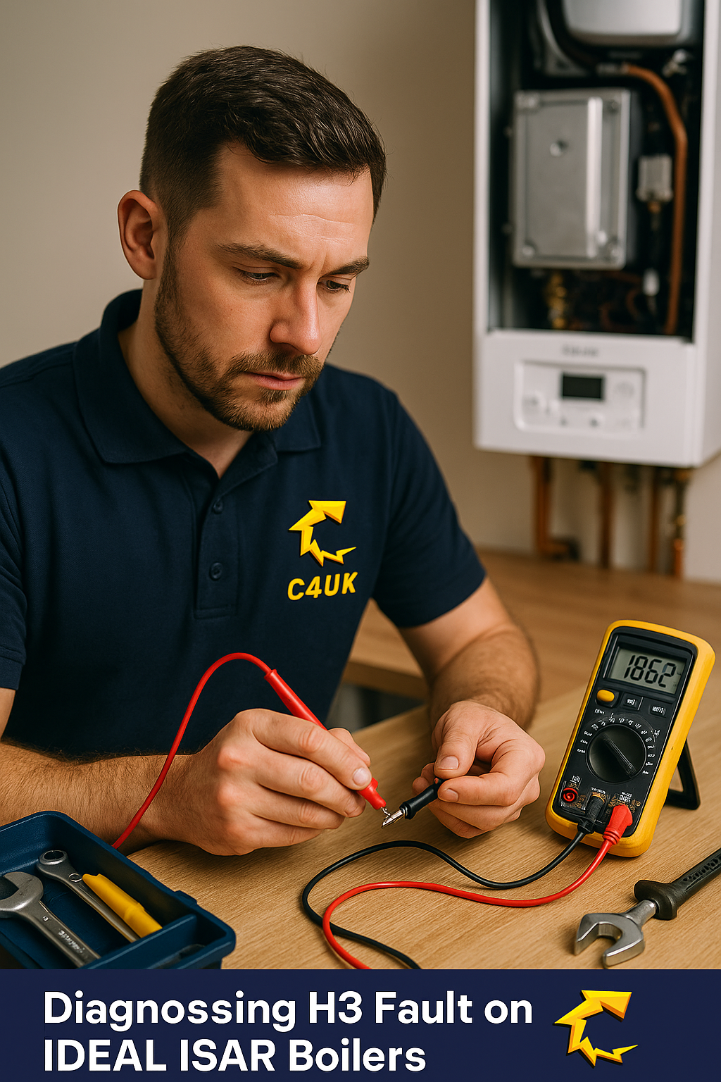 Technician testing a DHW thermistor with a multimeter beside an IDEAL ISAR boiler.