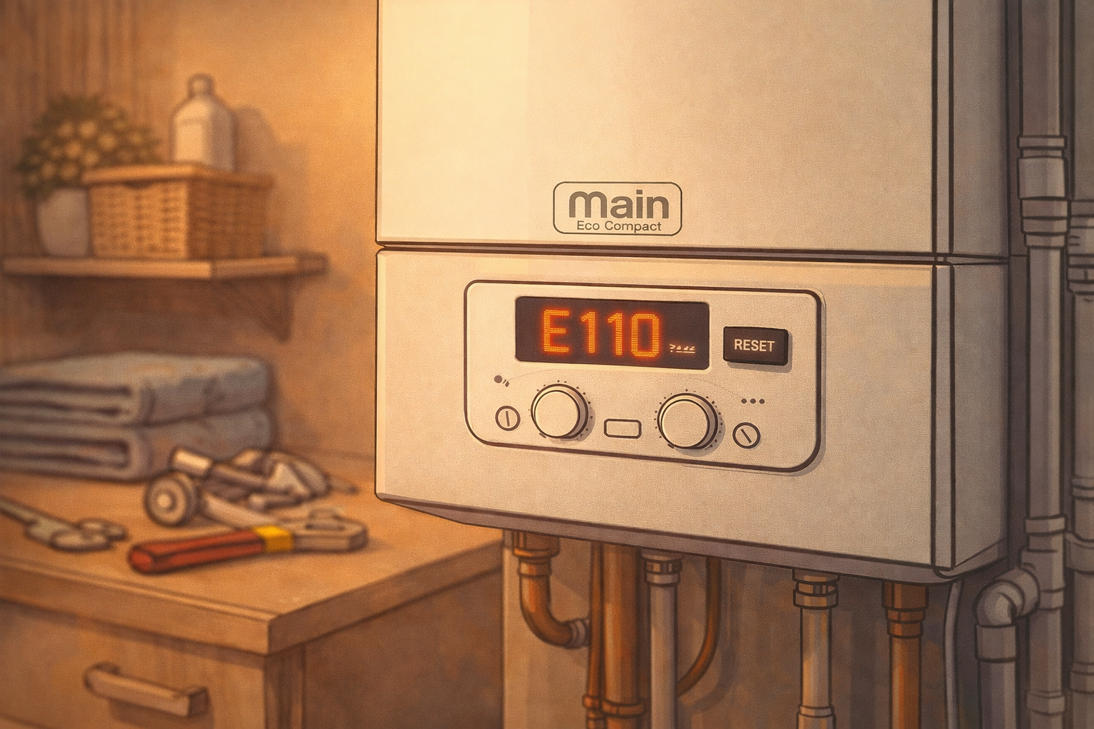 Main Eco Compact E110 fault | Certificates4UK Main Eco Compact boiler showing E110 fault code indicating boiler overheating