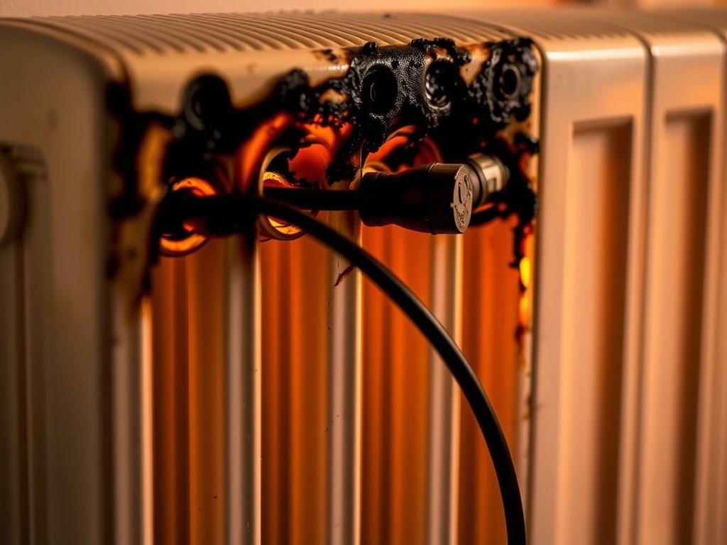 Electric radiator cable burning caused by electrical overheating at the power connection