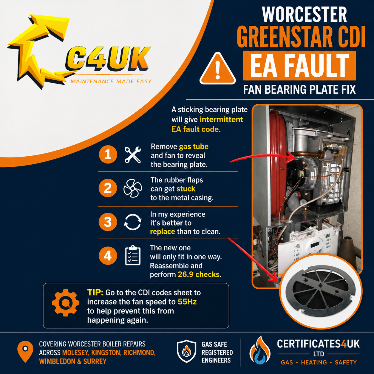 Gas Safe engineer inspecting the fan bearing plate on a Worcester Greenstar CDI boiler to diagnose an intermittent EA fault.