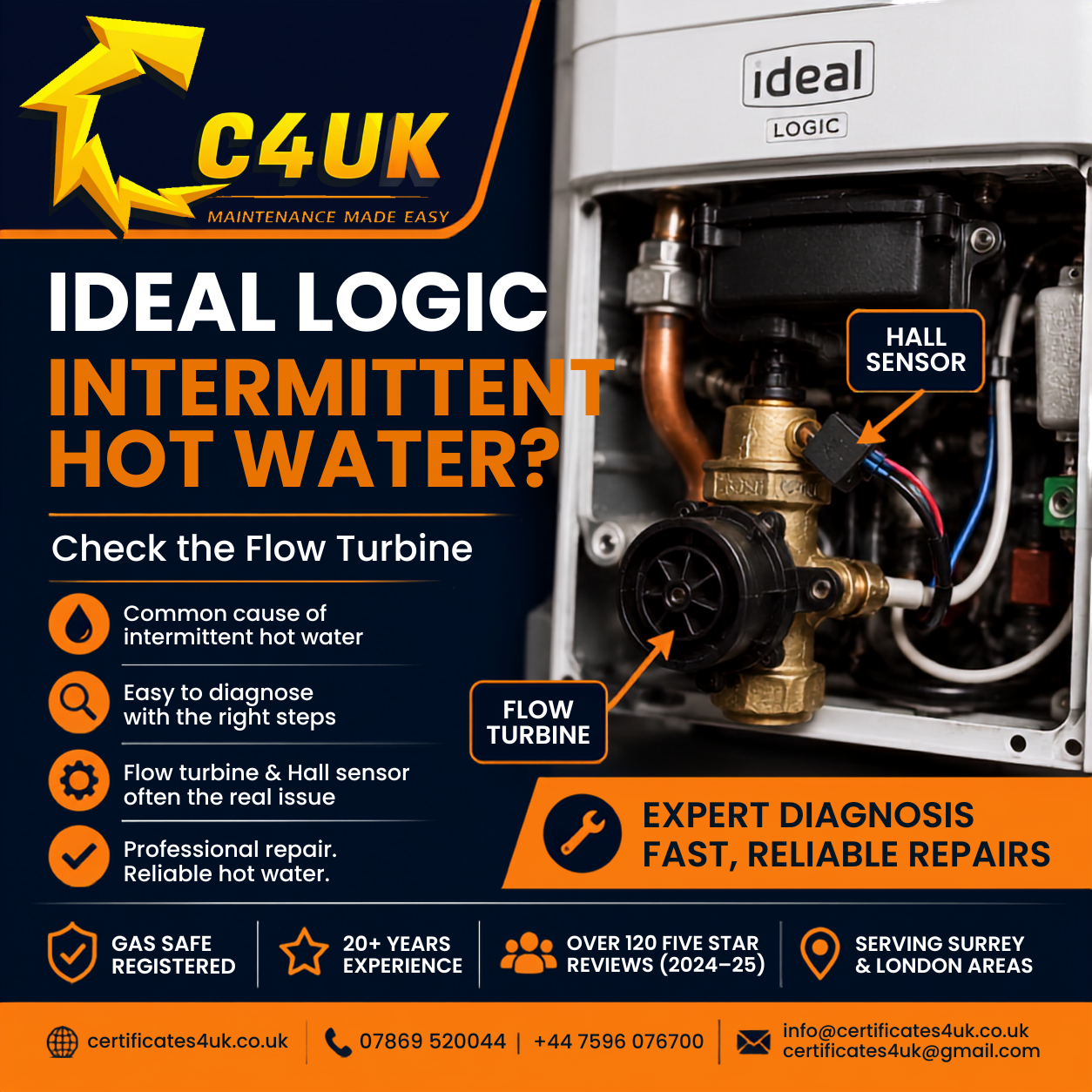 Gas Safe engineer replacing the flow turbine on an Ideal Logic boiler to repair intermittent hot water problems.